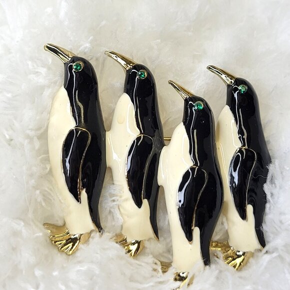 Black & White Enamel Penguin Family Brooch - Picture 2 of 9